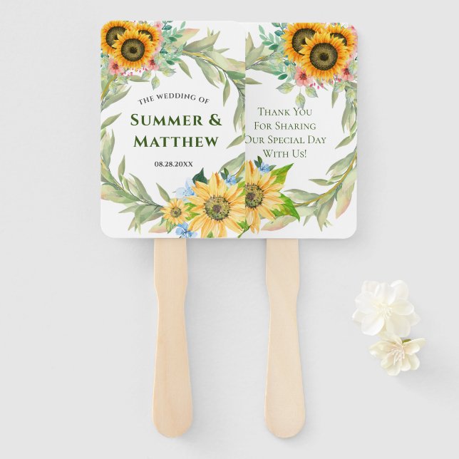 Rustic Spring Summer Sunflowers Greenery Wedding Hand Fan (Front and Back)