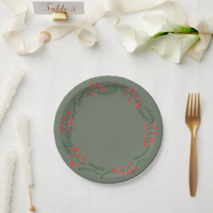 Rustic spruce green berries wreath border holiday paper plate