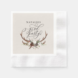Rustic stag antlers and floral graduation party  napkin