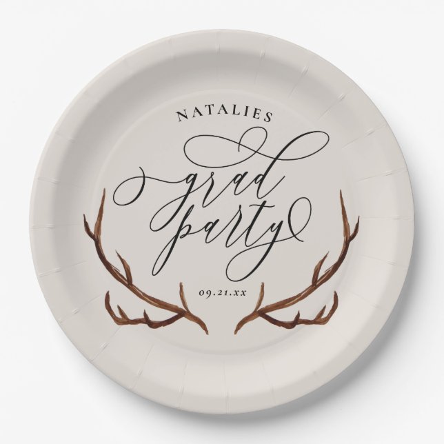 Rustic stag antlers graduation party paper plate (Front)