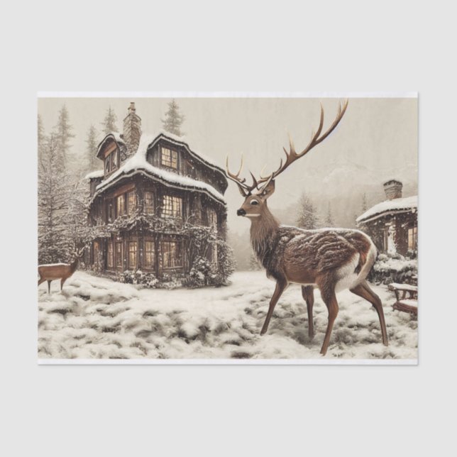 Rustic Stag Deer in Winter Decoupage Tissue Paper (Front)