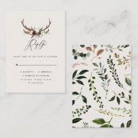 Rustic stag floral burgundy wedding RSVP Card