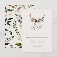 Rustic stag floral burgundy woodland RSVP wedding