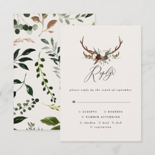 Rustic stag floral burgundy woodland RSVP wedding Card