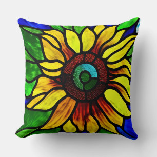 Rustic Stained Glass Look Country Sunflower Cushion
