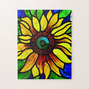 Rustic Stained Glass Look Country Sunflower Jigsaw Puzzle