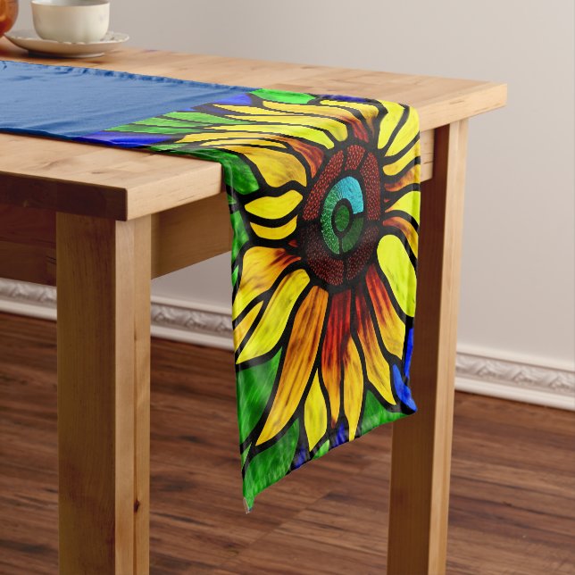 Rustic Stained Glass Look Country Sunflower Short Table Runner (In Situ)