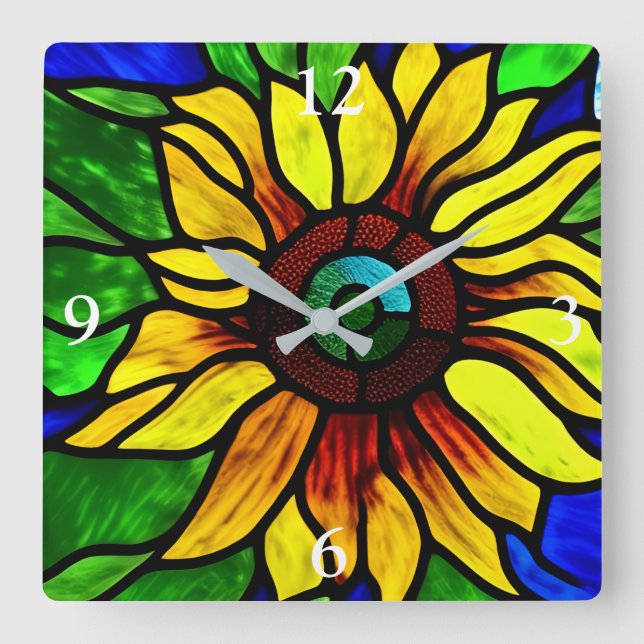 Rustic Stained Glass Look Country Sunflower Square Wall Clock (Front)