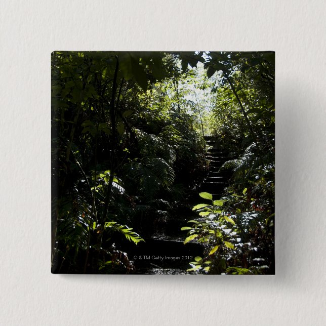 Rustic staircase/footpath in forest, sunlight 15 cm square badge (Front)