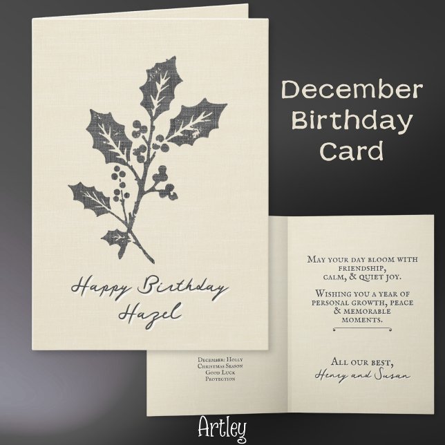 Rustic Stamped Holly December Birth Flower Linen Card (Creator Uploaded)