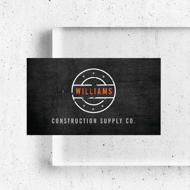 Rustic Stamped Logo on Black Wood Construction Business Card (Creator Uploaded)