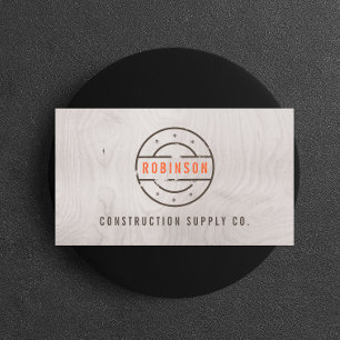Rustic Stamped Logo on Grey Woodgrain Construction Business Card