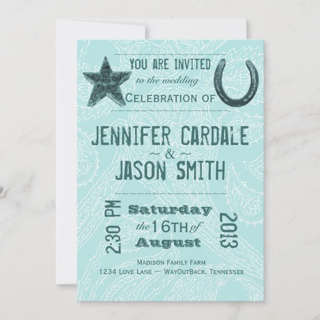 Rustic Star Horseshoe Blue Paisley Wedding Invites (Front)