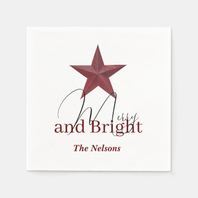 Rustic  star Merry & Bright personalised Napkin (Front)