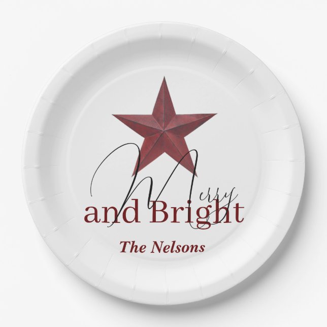 Rustic  star Merry & Bright personalised Paper Plate (Front)