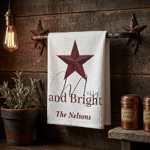 Rustic star Merry & Bright personalised Tea Towel