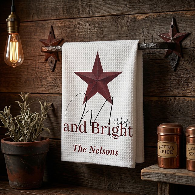 Rustic  star Merry & Bright personalised Tea Towel (Creator Uploaded)