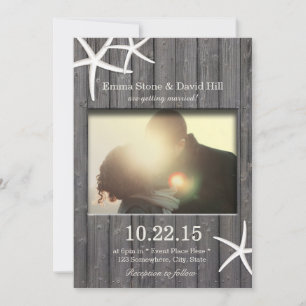 Rustic Starfish & Barn Wood Photo Wedding Invitation