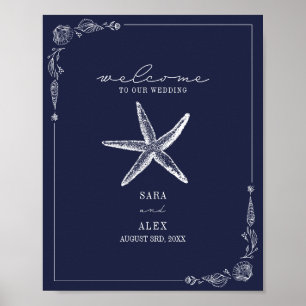 Rustic Starfish Dark Blue Beach Wedding Welcome Poster