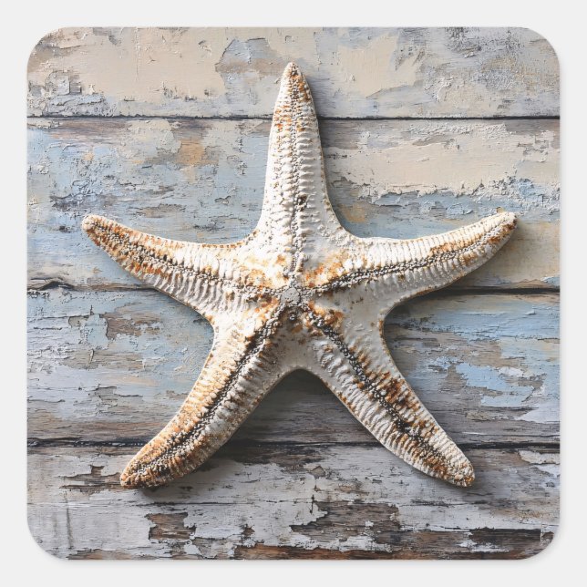 Rustic Starfish on Weathered Wood Square Sticker (Front)