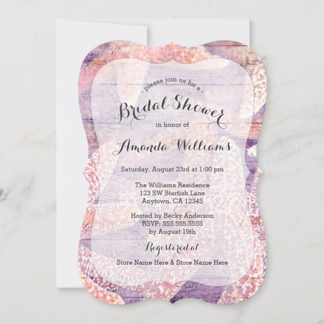 Rustic Starfish Purple Die Cut Bridal Shower Invitation (Front)