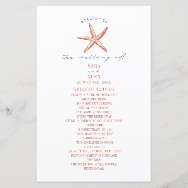 Rustic Starfish Red & Blue Beach Wedding Program (Front)