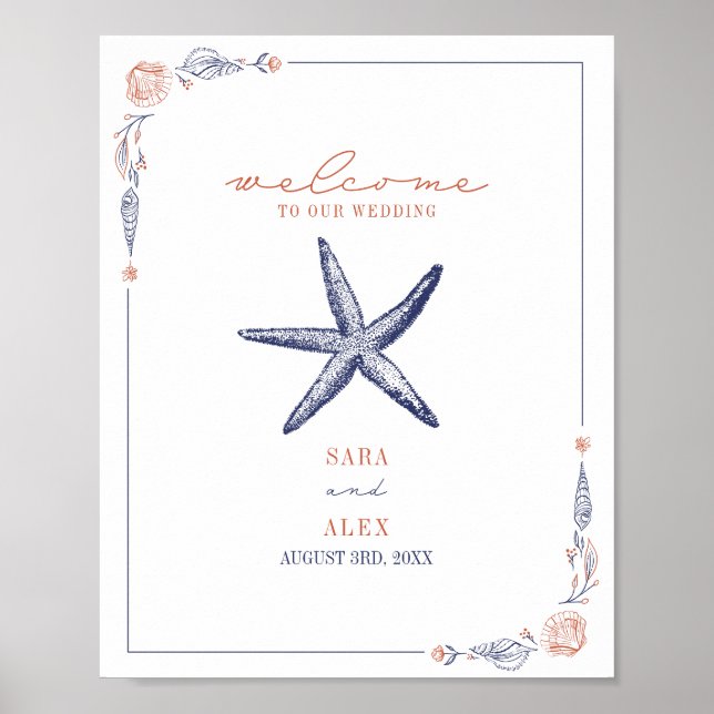 Rustic Starfish Red & Blue Beach Wedding Welcome Poster (Front)