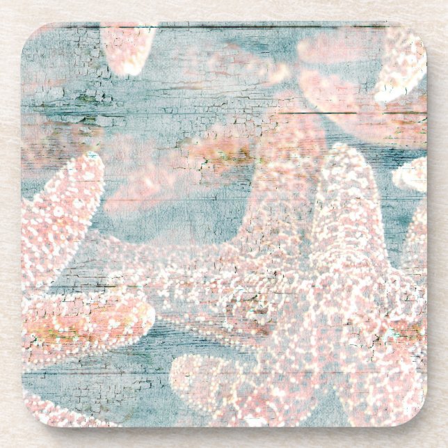 Rustic Starfish Teal Blue Coaster (Front)
