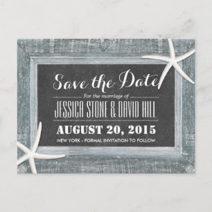 Rustic Starfish Wood & Chalkboard Save the Date Announcement Postcard