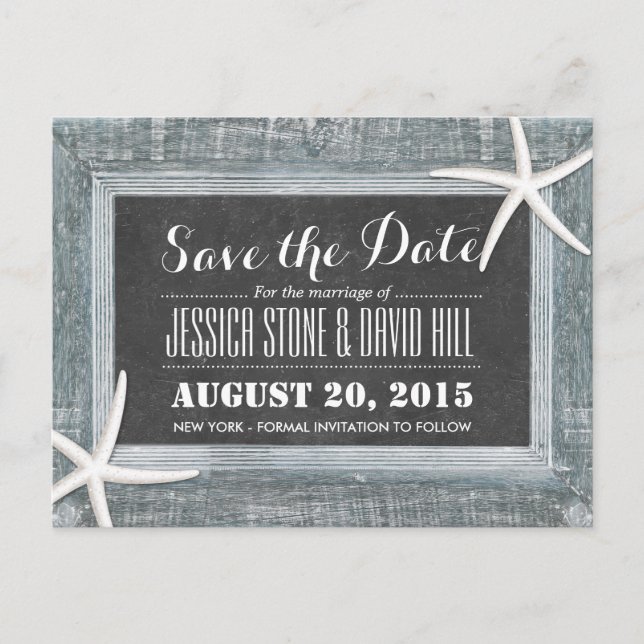 Rustic Starfish Wood & Chalkboard Save the Date Announcement Postcard (Front)