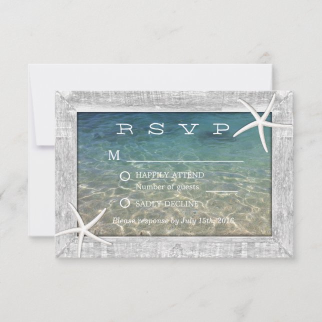 Rustic Starfish Wood Framed Beach Wedding RSVP (Front)