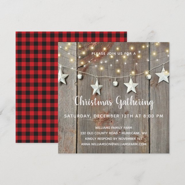Rustic Stars & Lights on Barnwood Christmas Party Invitation (Front/Back)