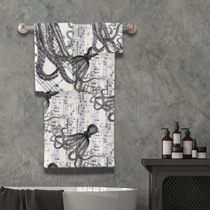 rustic steampunk nautical modern vintage octopus bath towel set