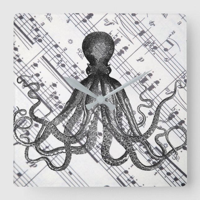 rustic steampunk nautical modern vintage octopus square wall clock (Front)