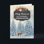 Rustic Stepdaughter Merry Christmas Card<br><div class="desc">Merry Christmas for stepdaughter card with rustic country chalkboard pattern and snowy watercolor forest scene with deer and birds.</div>