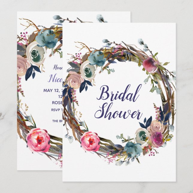 Rustic Sticks Floral Wreath Modern Bridal Shower Invitation (Front/Back)