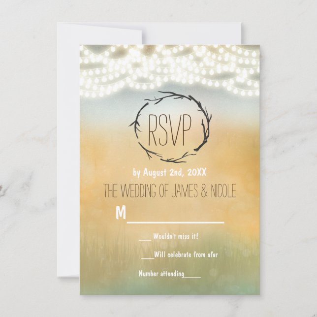 Rustic Sticks & String Lights Wedding RSVP Card (Front)