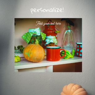 Rustic Still Life with a Pumpkin and a Red Mug Poster