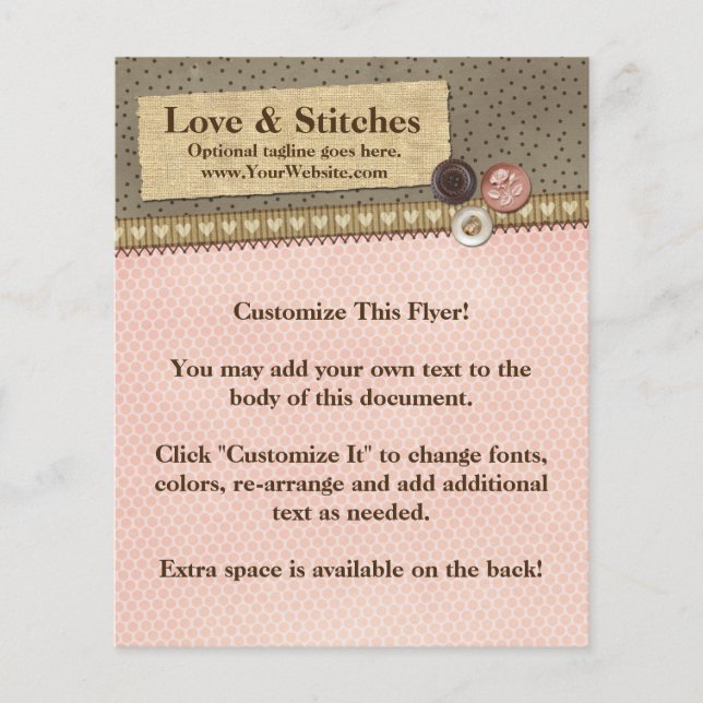 Rustic Stitched Ribbon & Buttons on Burlap Sewing Flyer (Front)
