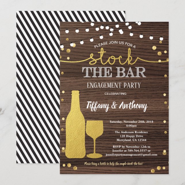 Rustic stock the bar engagement party gold invitation (Front/Back)