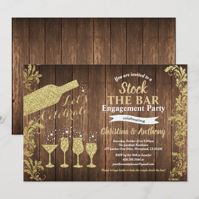 Rustic stock the bar engagement party gold invitation (Front/Back)