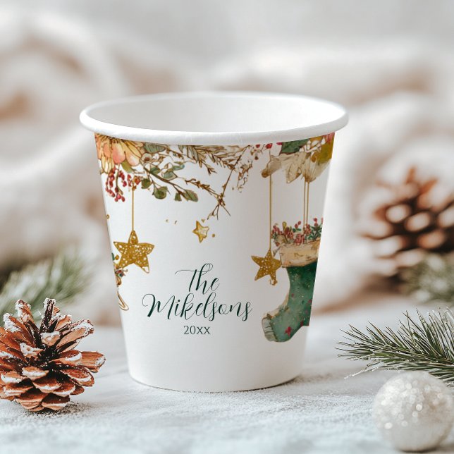 Rustic Stockings and Poinsettias Christmas Party Paper Cups (Creator Uploaded)