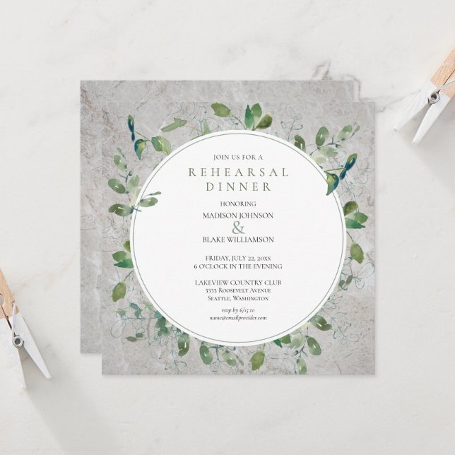 Rustic Stone Greenery Rehearsal Dinner Invitation (Front/Back In Situ)