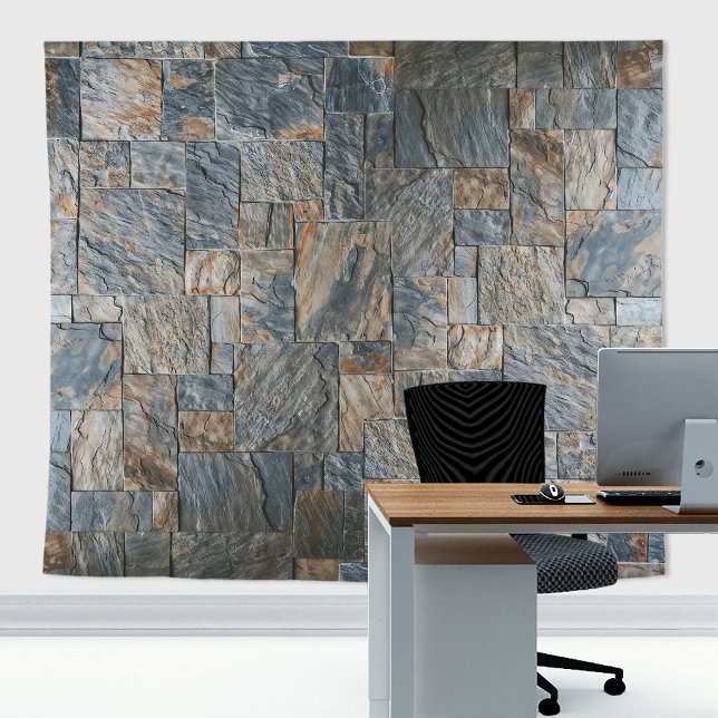 Rustic Stone Wall Slates Artesia Grey with Veins Tapestry (Blue slates stone wall tapestry decor with stone  texture for zoom meetings backdrop or home decor)