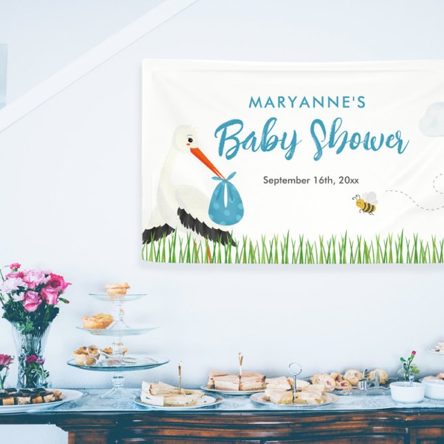 Rustic Stork with Bee & Butterfly Boy Baby Shower Banner (Cute rustic stork drawing banner for baby shower for girl)