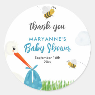 Rustic Stork with Bee & Butterfly Boy Baby Shower Classic Round Sticker