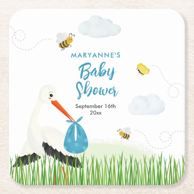 Rustic Stork with Bee & Butterfly Boy Baby Shower Square Paper Coaster (Front)