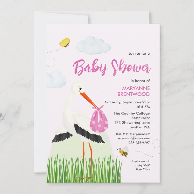 Rustic Stork with Bee & Butterfly Girl Baby Shower Invitation (Front)