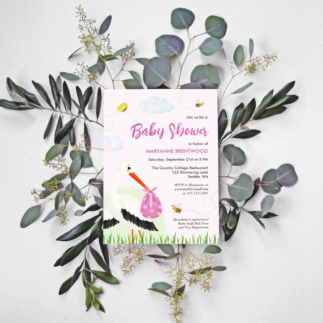 Rustic Stork with Bee & Butterfly Girl Baby Shower Invitation (Cute stork girl baby shower invitation)