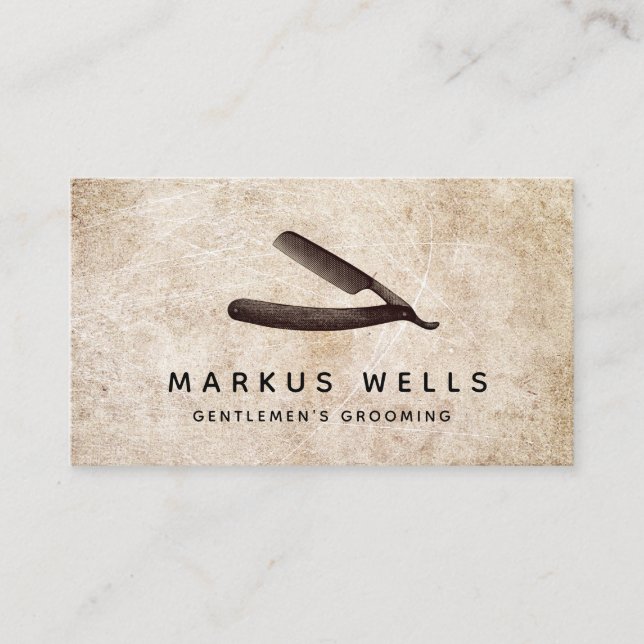 Rustic Straight Razor Barber Shop Business Card (Front)